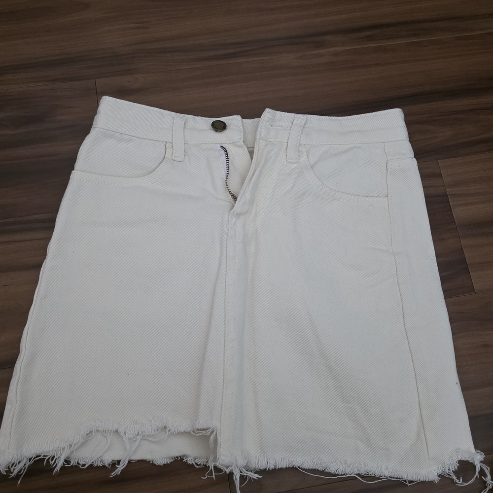 Cream Distressed Hem Mini Skirt